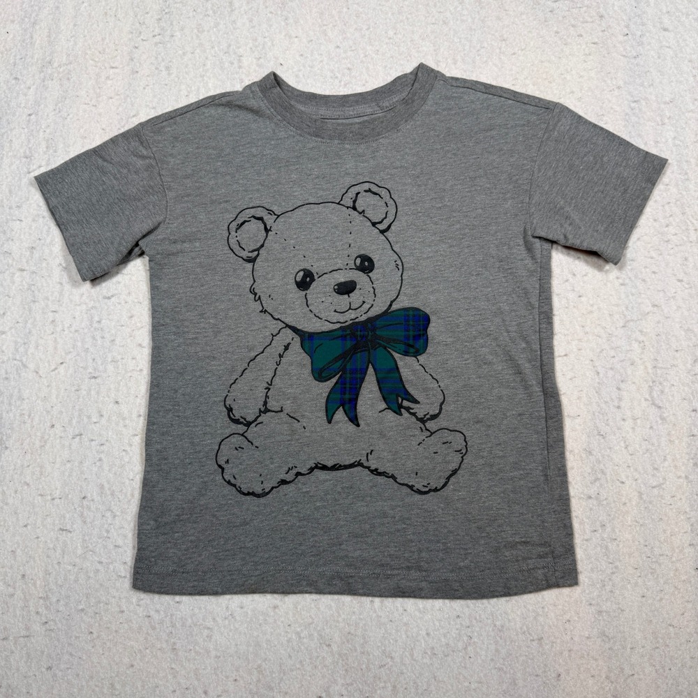Cat & Jack Kids Gray Teddy Bear Plaid Bow Graphic T-Shirt Size XS 4-5